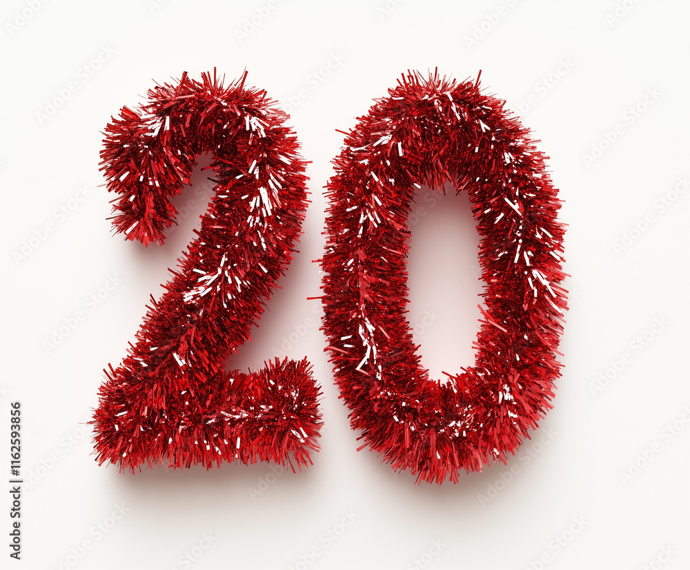 Numbers 20 made of red shiny tinsel on a white background Numbers 20 made of red shiny tinsel on a white background