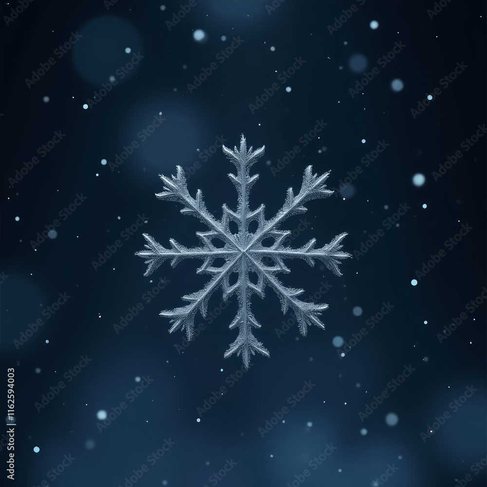 Unique Snowflakes Falling Against a Dark Night Sky, One Prominent Flake in the Center Shaped Like a Heart Unique Snowflakes Falling Against a Dark Night Sky, One Prominent Flake in the Center Shaped Like a Heart