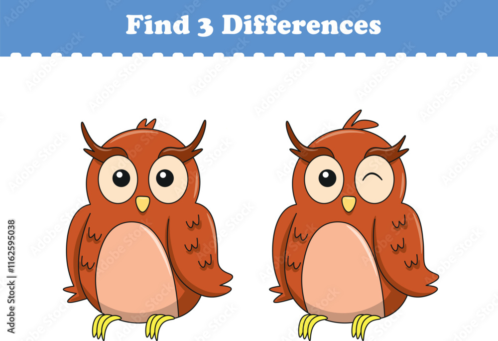 Obraz premium Education game for children find three differences between two owls animal cartoon. Vector illustration