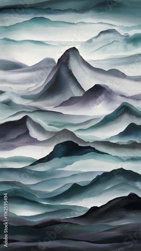 Mountains shrouded in mist with layered hills for mobile wallpaper background. Generative AI