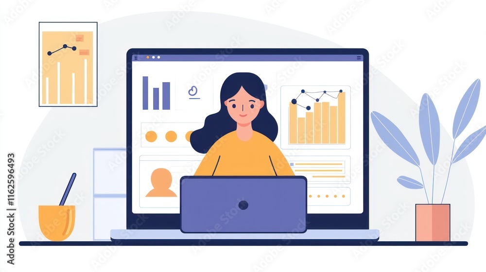 Fototapeta premium Woman Working From Home Analyzing Data Charts
