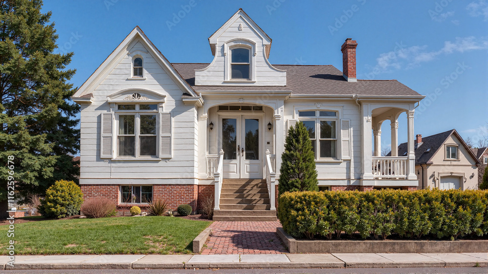 Elegant white suburban house with lush front yard Elegant white suburban house with lush front yard