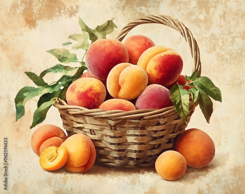 Watercolor Style Peach Basket: Summer Fruit Still Life Painting photo