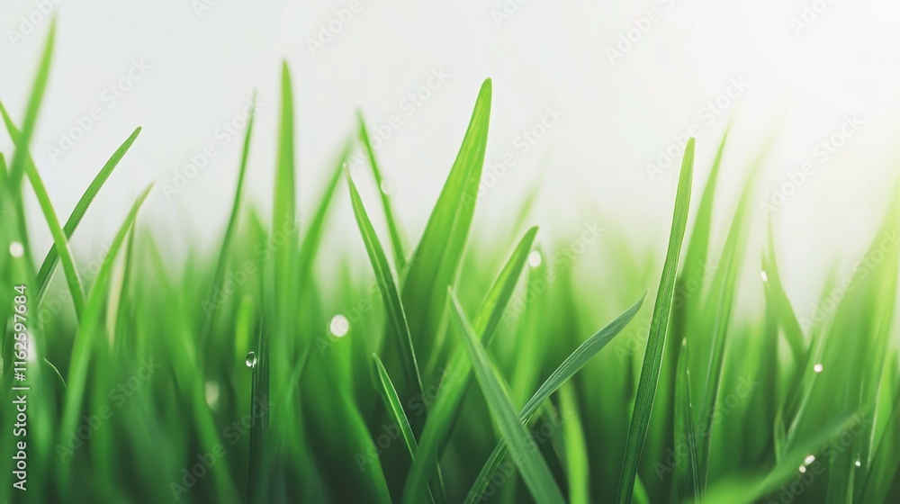 Obraz premium A close-up view of lush green grass blades, glistening with morning dew, illuminated by soft sunlight.