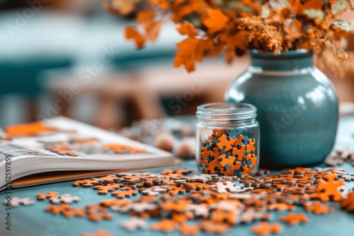 A table covered with puzzles, riddles, and pattern recognition games, symbolizing diverse cognitive challenges photo