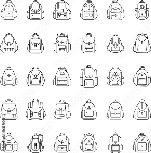 Various Backpack Designs Outline Icons for Travel, School, and Hiking