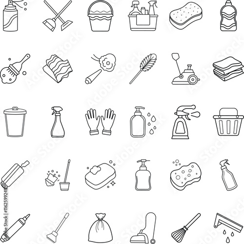 Cleaning supplies icons broom, mop, bucket, sponge, spray bottle