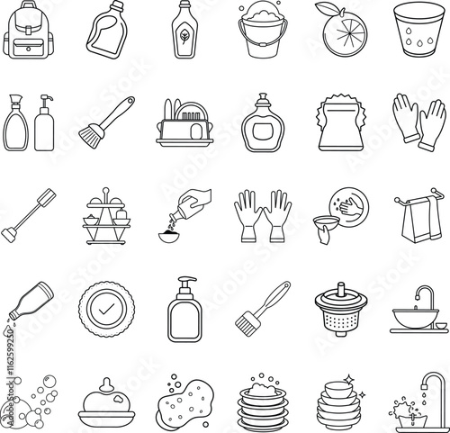 Cleaning supplies, kitchenware, and dishwashing essentials icons set