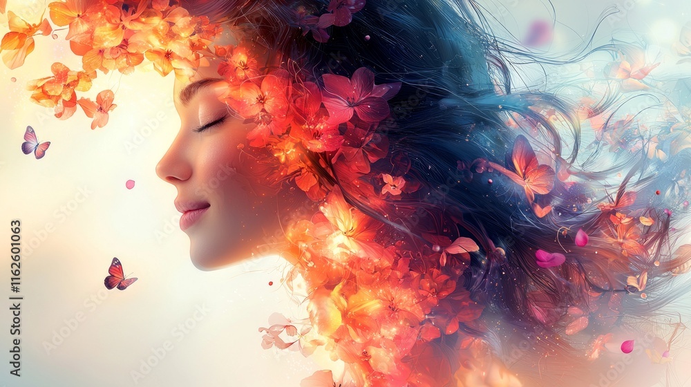 radiant woman transparent silhouette showcases vibrant flowers and butterflies her body. Her serene expression embodies harmony amidst dreamy pastel background. radiant woman transparent silhouette showcases vibrant flowers and butterflies her body. Her serene expression embodies harmony amidst dreamy pastel background.