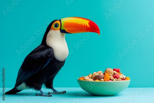 Colorful toucan looking at a bowl of mixed nuts on a turquoise background, representing healthy eating and exotic wildlife photo