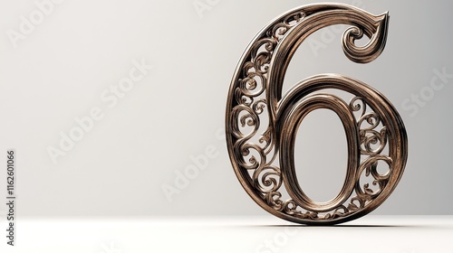 Ornate metallic number 6 on white background. photo