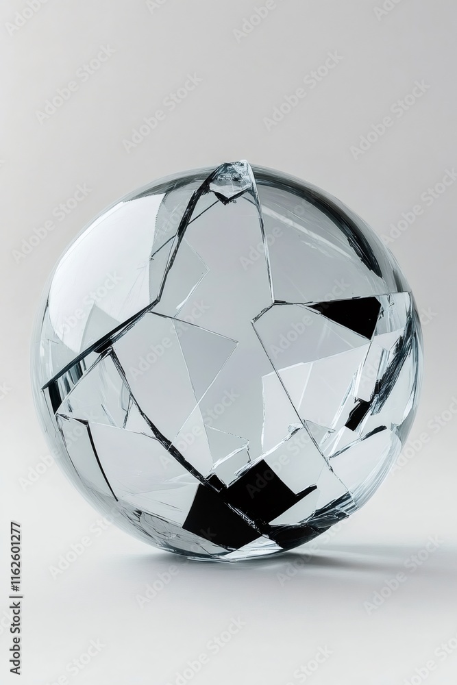 Naklejka premium Shattered glass sphere fragmenting, reflecting light on stark white surface, producing minimalist artistic visual effect