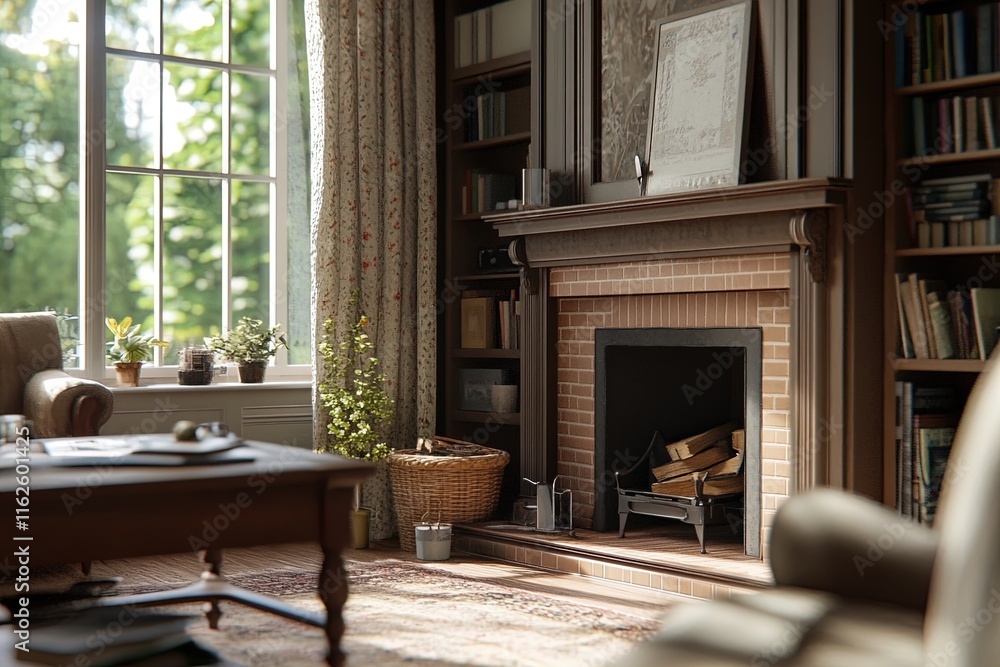 Fototapeta premium Cozy living room with fireplace, bookshelves, and natural light on a sunny day