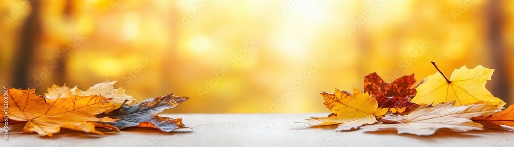 A serene scene featuring colorful autumn leaves on a surface, with a warm golden background, evoking the beauty of fall. A serene scene featuring colorful autumn leaves on a surface, with a warm golden background, evoking the beauty of fall.