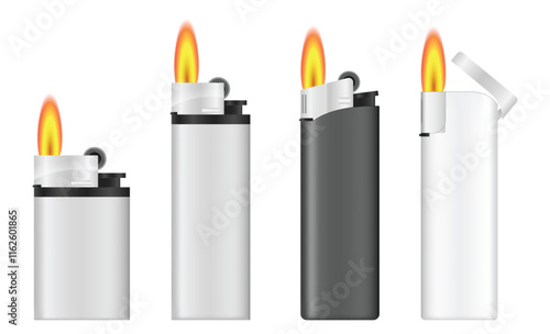 Set illustration of Pocket Gas Lighters with Flame   