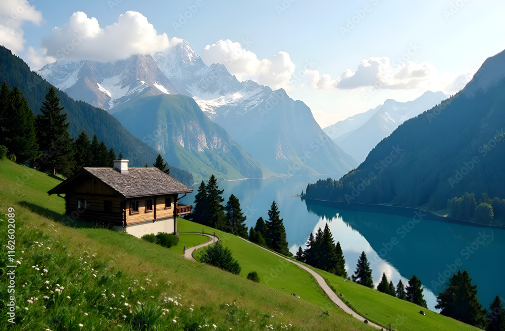 A charming house rests on a picturesque hill, providing a stunning view of a serene lake that is beautifully encircled by majestic mountains