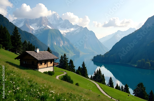 A charming house rests on a picturesque hill, providing a stunning view of a serene lake that is beautifully encircled by majestic mountains