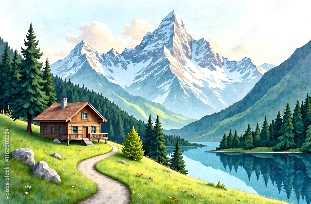 A charming house rests on a picturesque hill, providing a stunning view of a serene lake that is beautifully encircled by majestic mountains