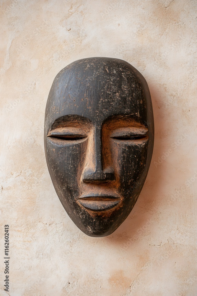 Close up of a dark wooden african mask with closed eyes hanging on a beige wall, representing a serene human face Close up of a dark wooden african mask with closed eyes hanging on a beige wall, representing a serene human face