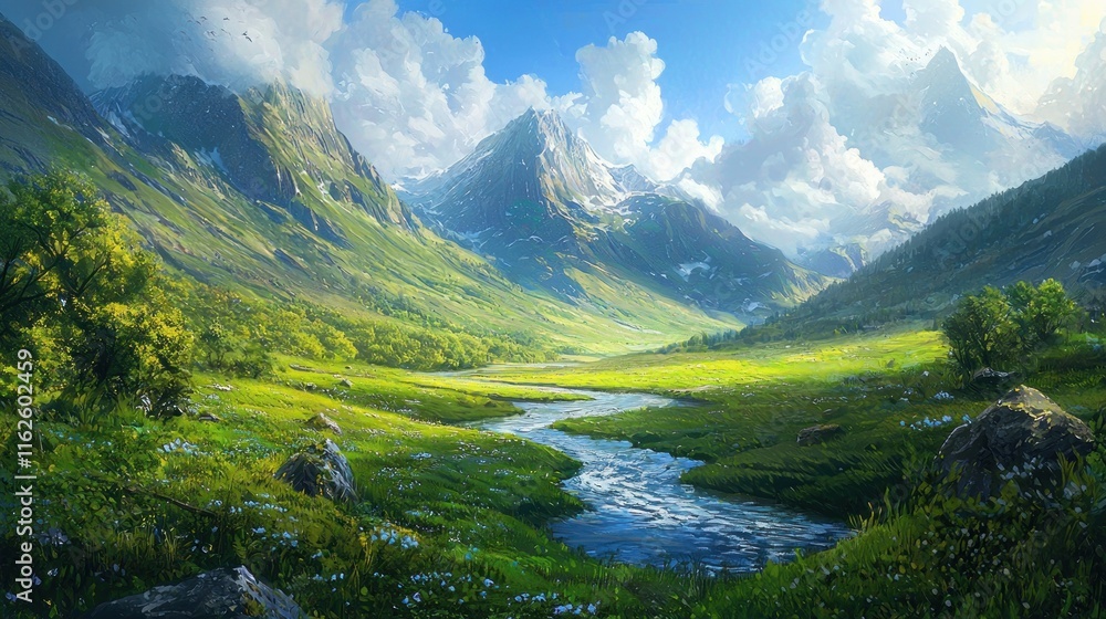 Serene Mountain Valley River Landscape With Lush Greenery Serene Mountain Valley River Landscape With Lush Greenery