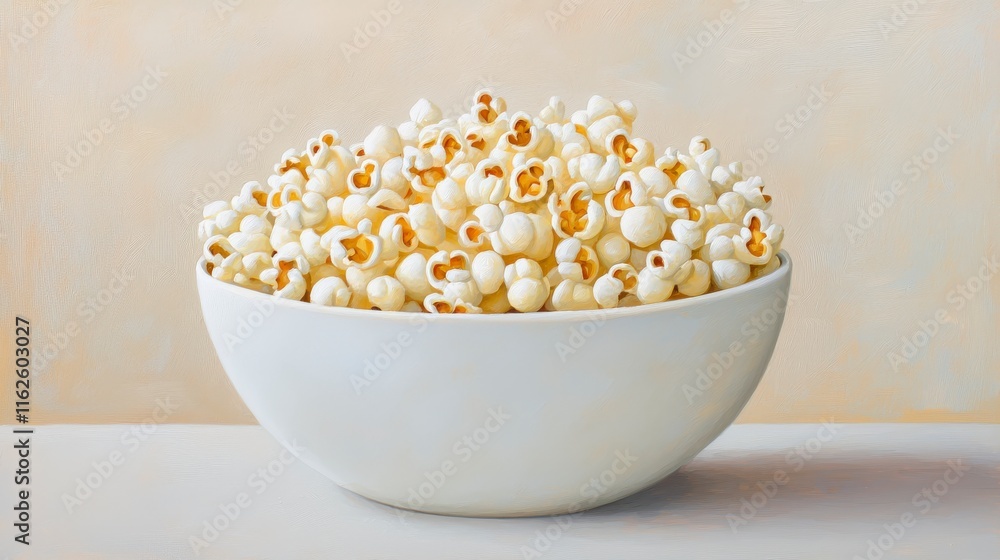 Freshly Popped Popcorn in White Bowl Against Soft Background for Snack Lovers Freshly Popped Popcorn in White Bowl Against Soft Background for Snack Lovers