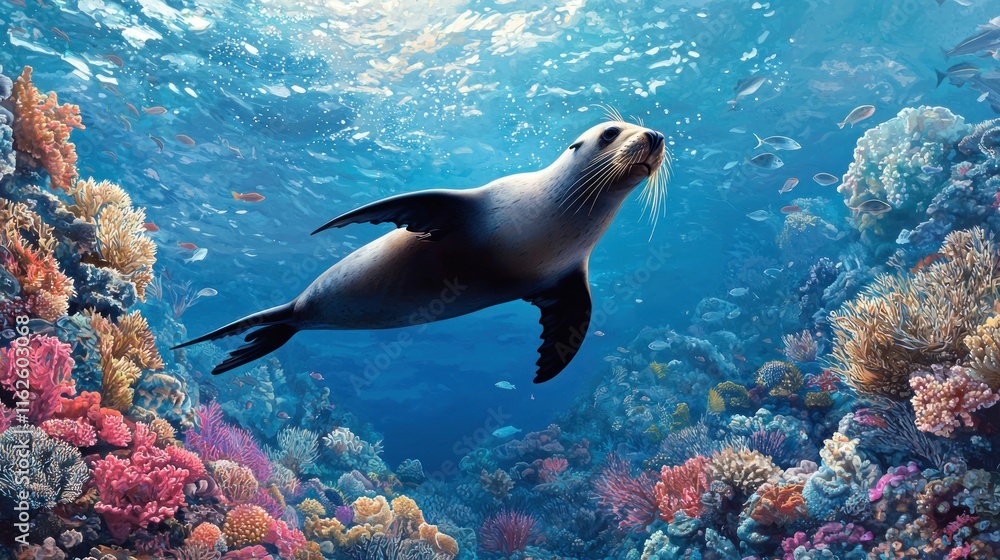 Seal Swims Through Vibrant Coral Reef Ecosystem Seal Swims Through Vibrant Coral Reef Ecosystem