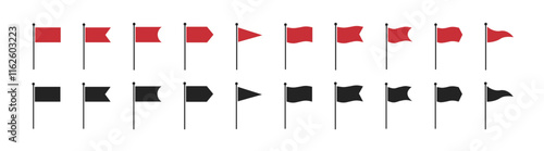 Flag line icons set, different flag icons set. Start and finish symbols. Map marks for gps point.