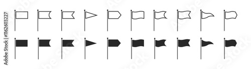 Set of flags of different shapes. Location map pin icon. Vector illustration