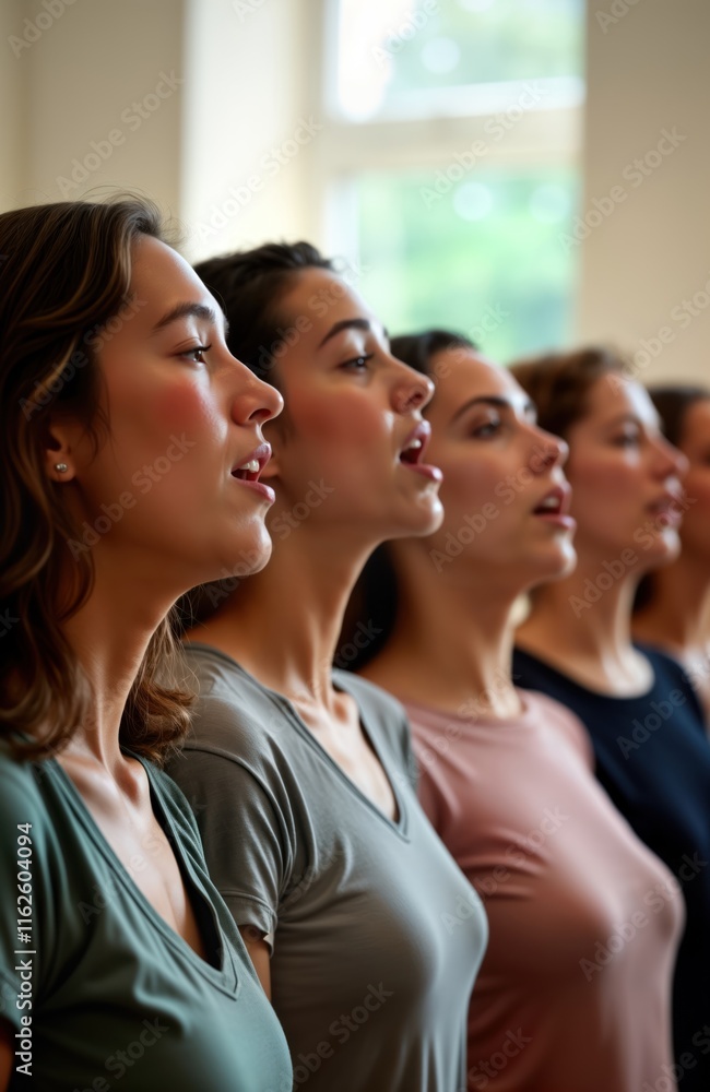 Group of women singing in choir rehearsal. Concentrating on harmony, vocal technique. Focused expressions. Music practice session in progress. Women wearing casual clothes. Indoor setting, likely Group of women singing in choir rehearsal. Concentrating on harmony, vocal technique. Focused expressions. Music practice session in progress. Women wearing casual clothes. Indoor setting, likely