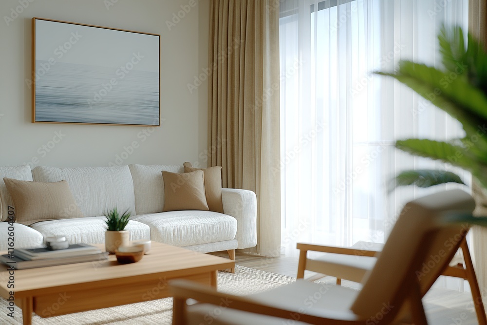Fototapeta premium Cozy living room with minimalist decor and natural light during the day