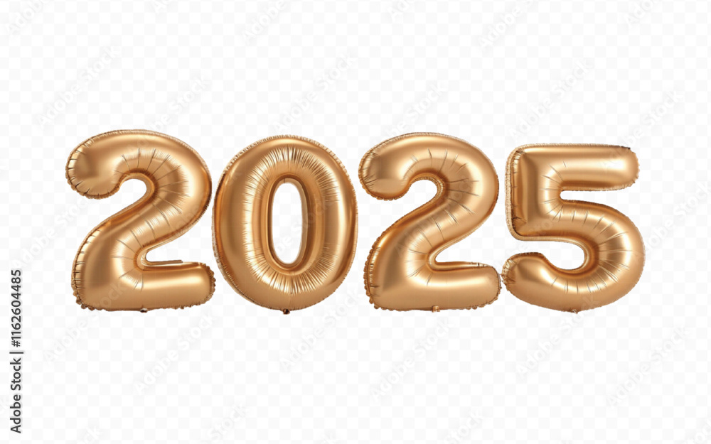 abstract 3d 2025 text  made with different golden colour  hellium balloons isolated on white background