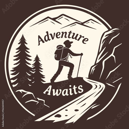 Design a T-shirt featuring a hiker silhouette, nature elements, rugged terrain, and the motivational phrase "Adventure Awaits."