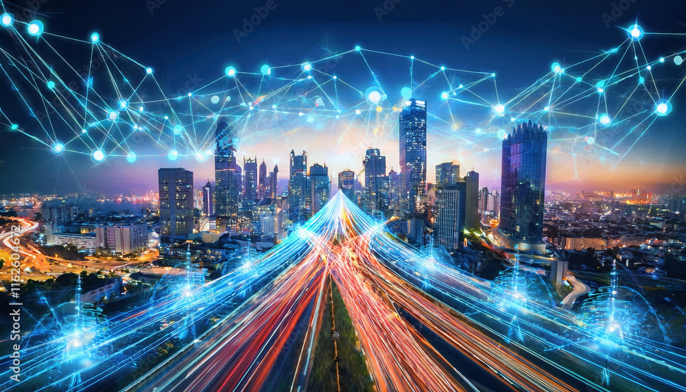 Fototapeta premium vibrant cityscape with glowing arrows and data streams connecting various points, showcasing dynamic energy of urban life