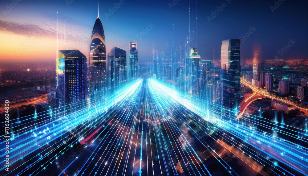 vibrant cityscape with glowing data streams flowing between skyscrapers, symbolizing future of technology and connectivity vibrant cityscape with glowing data streams flowing between skyscrapers, symbolizing future of technology and connectivity