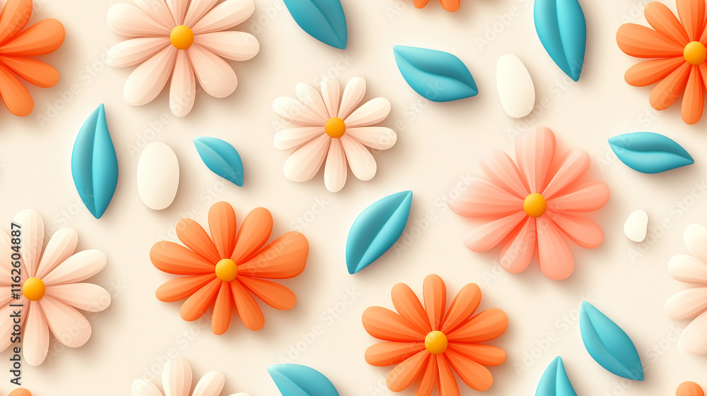 Fototapeta premium Colorful flowers and leaves in playful arrangement on light background, creating cheerful and vibrant atmosphere. Perfect for spring themed designs