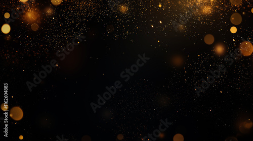 Golden dust shimmering bokeh. Glowing gold glitter particles abstract background, warn festive overlay