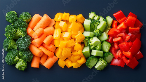Freshly chopped vegetables arranged in vibrant colors, including broccoli, carrots, yellow bell peppers, green bell peppers, and red bell peppers, creating healthy and colorful display