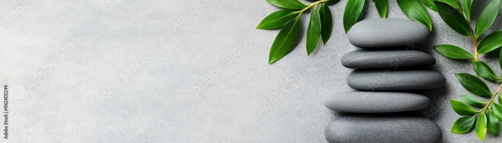 Obraz premium A serene arrangement of stacked stones complemented by lush green leaves, symbolizing balance and tranquility in a minimalist setting.