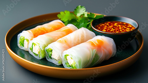 Fresh spring rolls with vegetables and chicken served with dipping sauce