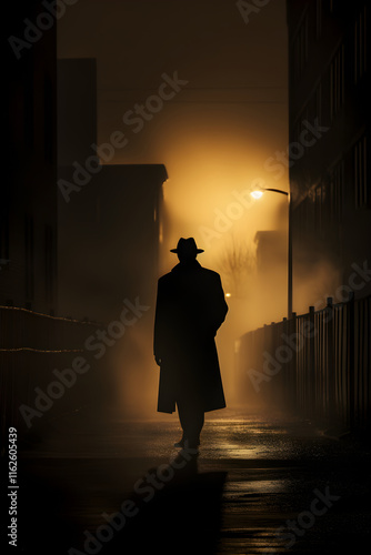 Classic Noir-Esque Scene Featuring a Trench-Coated Detective Examining Evidence in a Dark Cityscape