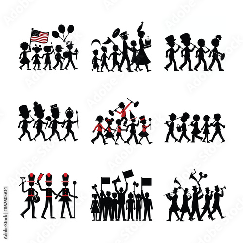 A parade signifies a boisterous public celebration event that usually includes an array of many people.