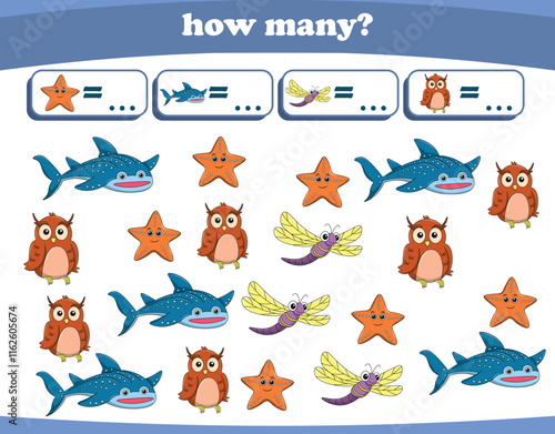 Counting game of wild animals for preschool kids. Printable. Vector Illustration