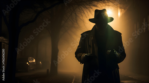 Classic Noir-Esque Scene Featuring a Trench-Coated Detective Examining Evidence in a Dark Cityscape