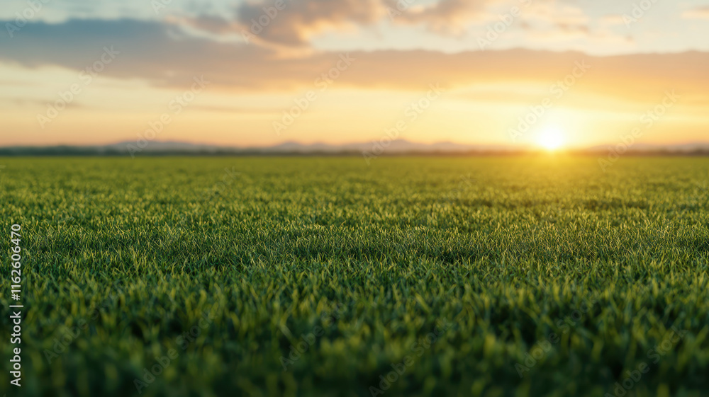 Naklejka premium serene sunset over lush green field, showcasing nature beauty