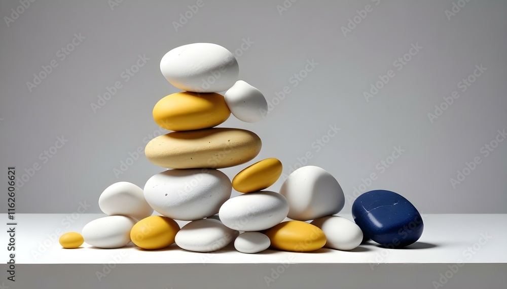 Una pila de piedras blancas y lisas en equilibrio sobre una superficie blanca sobre un fondo liso Una pila de piedras blancas y lisas en equilibrio sobre una superficie blanca sobre un fondo liso