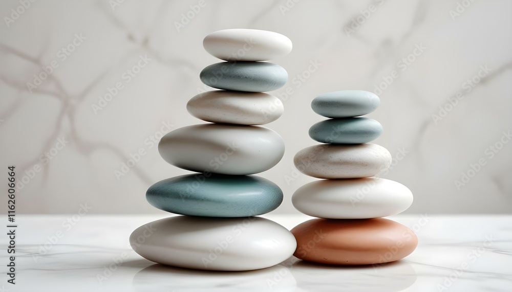 Una pila de piedras blancas y lisas en equilibrio sobre una superficie blanca sobre un fondo liso Una pila de piedras blancas y lisas en equilibrio sobre una superficie blanca sobre un fondo liso