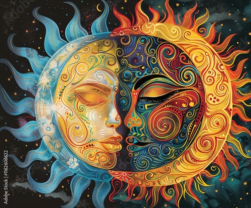 Vibrant sun and moon artwork. A mesmerizing blend of colors and intricate details.