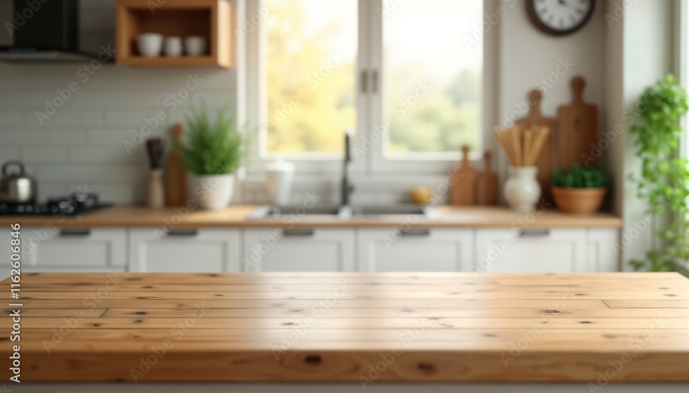 Empty wooden table in front of blurred modern kitchen. Relaxing, stylish setting. Clean minimalist design. Interior shot of home. Natural light. Cosy home environment. Kitchen area blurred. Stylish Empty wooden table in front of blurred modern kitchen. Relaxing, stylish setting. Clean minimalist design. Interior shot of home. Natural light. Cosy home environment. Kitchen area blurred. Stylish