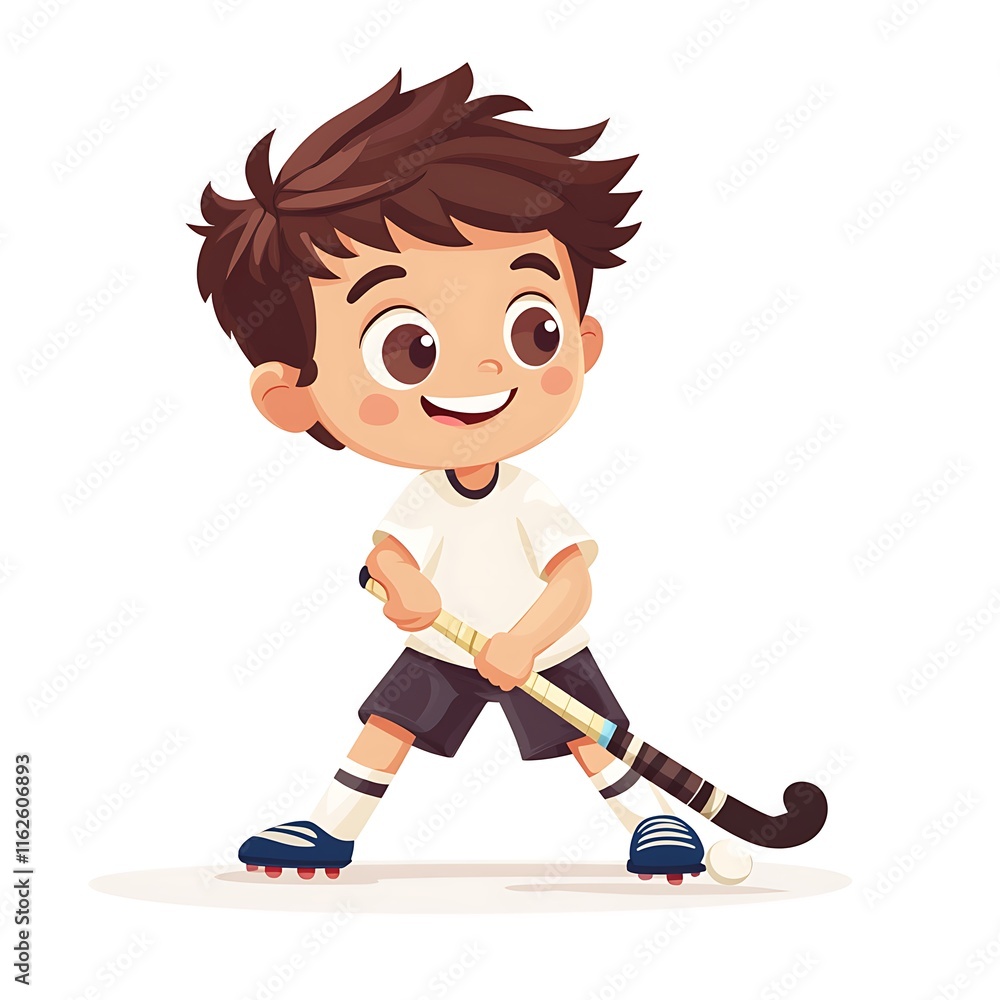 A cheerful young boy, ready to play field hockey, confidently holds his stick and ball. A cheerful young boy, ready to play field hockey, confidently holds his stick and ball.