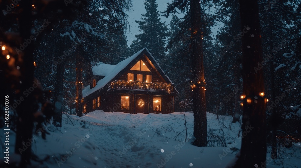 Cozy Cabin Illuminated Amidst Snowy Winter Forest Cozy Cabin Illuminated Amidst Snowy Winter Forest